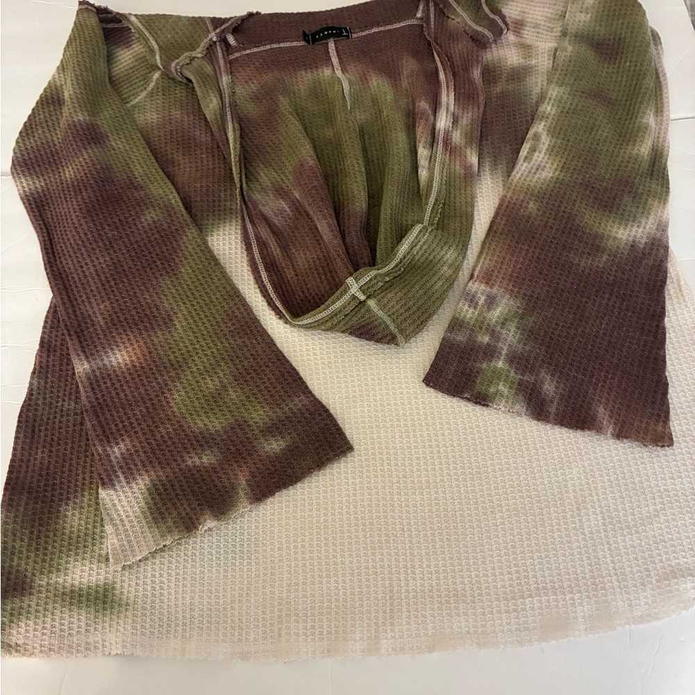 T Party Tie Dye Waffle Knit Hoodie Top Brown Green Beige Women L Fairy Grunge - Picture 2 of 10